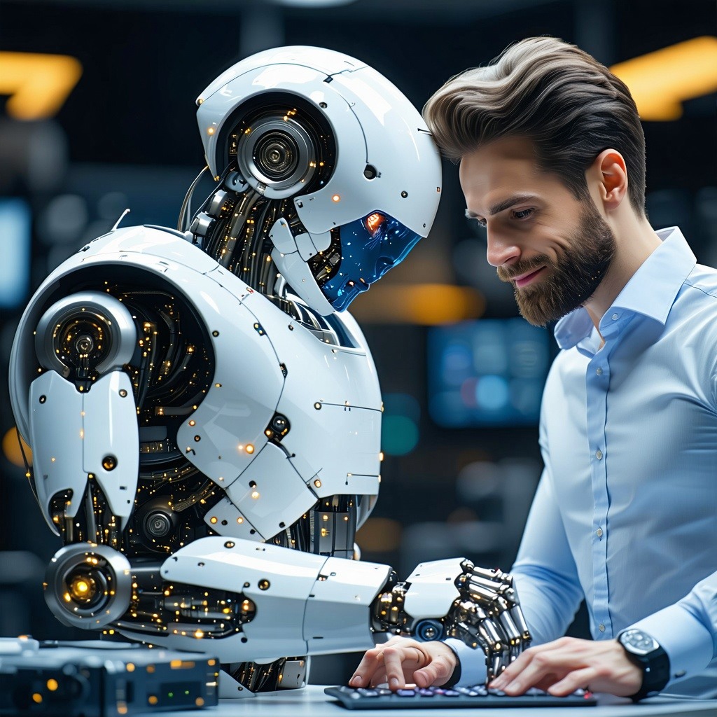 A picture of a robot and a man working together-2