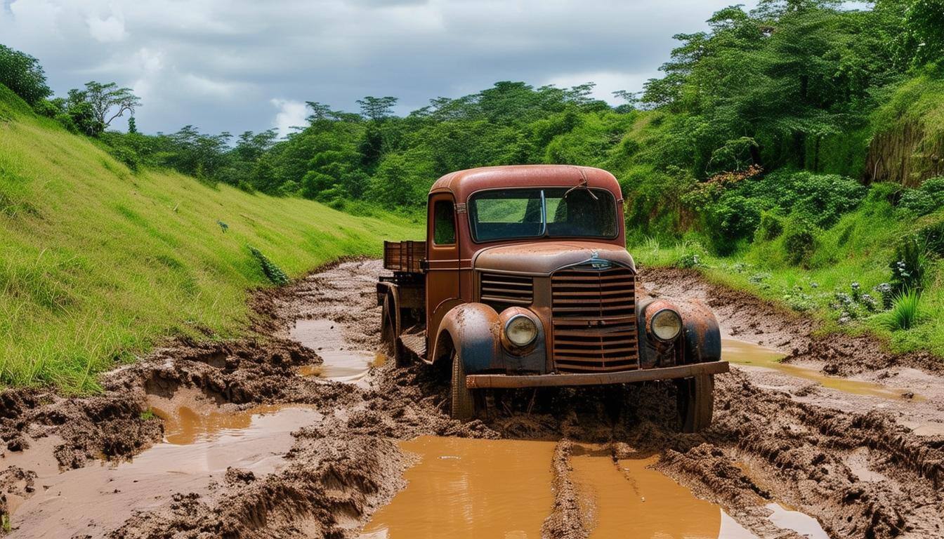 A truck has become stuck in a rut on a muddy road in the country